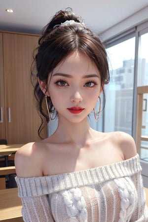 Korea women, Beautiful eyes, V-shaped face, 1girl, solo, (3D video game, 8k, RAW photo, photorealistic:1.25), (breasts:1.2), black high ponytail, (highly detailed skin:1.2), big hoop earring, midriff, (white off shoulders knit sweater:1.3), minimalist and stylish office, ulzzang, smile, ((looking at viewer)), Serene and goddess-like happiness