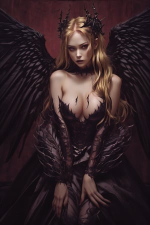 ((masterpiece, highest quality, Highest image quality, High resolution, photorealistic, Raw photo, 8K)), Best Quality, Realistic, Horror Movie, Full Body, (Very Evil and Beautiful), Demon Goddess of Death She had an intense sexual allure. She was naked, had large, beautiful breasts, big breasts, and red eyes, burning with flames from black wings. Purple magic dances in the red sky., 1girl, blonde hair, long hair,dark_angel