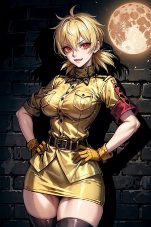 1girl, thick thights,small waist, detailed body, perfect body, high details, standing, both hands on hips, seras victoria, ((yellow military uniform)), bloody uniform,yellow skirt, gloves, red armband,(sharp fangs),gigantic_breasts,,angry,hair over one eye, blonde hair, ((red eyes)),
, bad moon, (big moon),hypnotic gaze, nocturnal habits,tights,night clan,vampire,battlefield,shadow,((put out shadows from arm)),arm in the shadow,