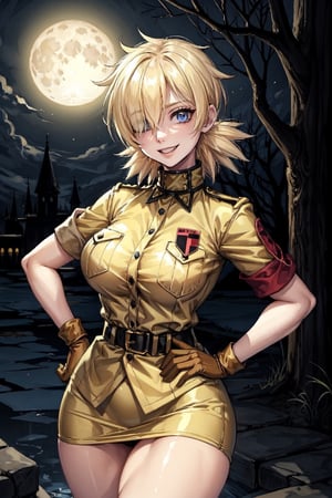 1girl, thick thights,small waist, detailed body, perfect body, high details, standing, both hands on hips, seras victoria, ((yellow military uniform)), yellow skirt, gloves, red armband,gigantic_breasts,,smile,hair over one eye, blonde hair, blue eyes,
, bad moon, (big moon),hypnotic gaze, nocturnal habits,There is blood around the mouth,night clan,vampire,battlefield
