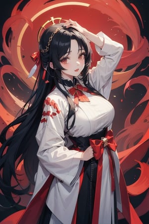 A beautiful girl, white skin, long wavy black hair with fringed bangs and a big red ribbon on her head tied behind her head, dressed in a black glamorous dress with an halo on her head , sharp red eyes, curly eyelashes, changing the pose with red lips to make more perfect and as good as possible facing forward, black baground