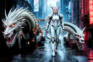Full body, outer_space, robot female, human face, dragon skin, dragon scale pattern ,holding dragon head weapon, with long white hair,dragon-themed, complex background:1.1,Chinese Dragon,Mecha,Cyberpunk,Katon