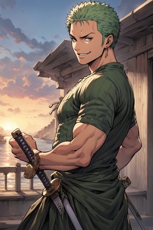 (masterpiece, best quality, highly detailed, ultra-detailed, intricate), illustration, pastel colors, official art, realistic,
尾田榮一郎 style, (Roronoa_Zoro:1.3), solo, (1 man:1.2), (short light_green hair:1.2), fighting pose, (wearing white katana hilt on the side of waist),
[upper_body|full_body], (smiling face), (background is ship deck and sea and blue sky),
sideview, super detail face,comic book, enchanced_color, portraitart