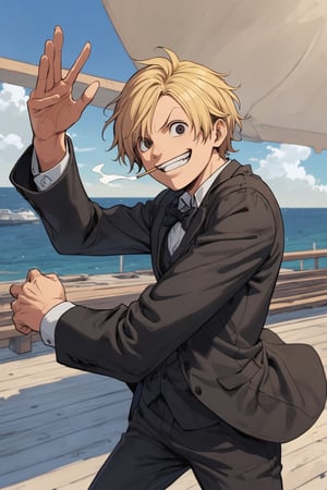 (masterpiece, best quality, highly detailed, ultra-detailed, intricate), illustration, pastel colors, official art, realistic,
(Oda_Eiichiro style), (One Piece Vinsmoke_Sanji:1.3), solo, (1 man:1.2), (blond hair:1.2), (black eyes), fighting pose, (wearing black suit), (smoking), (small pupil),
(full_body), (smiling face), (background is ship deck and sea and blue sky),
sideview, super detail face,comic book, enchanced_color, portraitart