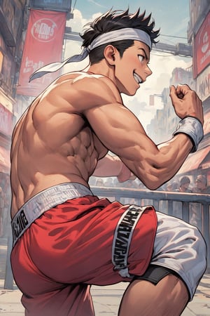 (masterpiece, best quality, highly detailed, ultra-detailed, intricate), illustration, pastel colors, official art, realistic,
KOF style, (JOE_HIGASHI:1.3), solo, (1 strong man:1.2), (black short hair), (a muay thai boxer), (wearing white head band with red circle logo), (wearing  red Bermuda:1.2) , (wearing white wrist braces), barefoot, shirtless, fighting pose punching up,
(upper_body), (smiling face),
sideview, super detail face,comic book, enchanced_color,portraitart