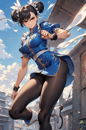 (masterpiece, best quality, highly detailed, ultra-detailed, intricate), illustration, pastel colors, offcial art, realistic, 
Street Fighter style, (Chun_Li:1.3), solo, (1 woman),long legs, black hair with two buns, (black pantyhose:1.3), (blue suit),fighting pos,
(full_body), (serious face), (wearing white long boot), (waring  wristbands),
sideview, super detail face,comic book, enchanced_color, ,portraitart,brccl