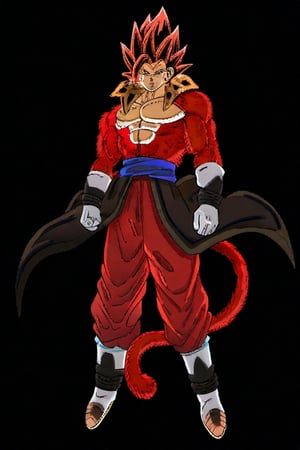solo, blue eyes, simple background, gloves, 1boy, jewelry, closed mouth, standing, tail, full body, male focus, earrings, boots, pants, white gloves, sash, muscular, white footwear, pectorals, muscular male, spiked hair, black background, body fur, no nipples, super saiyan,deep blue monkey tail, deep blue fur, deep blue hair,Mfxl