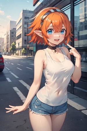 masterpiece, 1girl, cowboy shot, looking at viewer, smile, open mouth, gallicamr, short hair, hairband, pointy ears, short shorts, red tank top, medium breasts, excited, hand up, clenched fingers, street, cityscape, sky