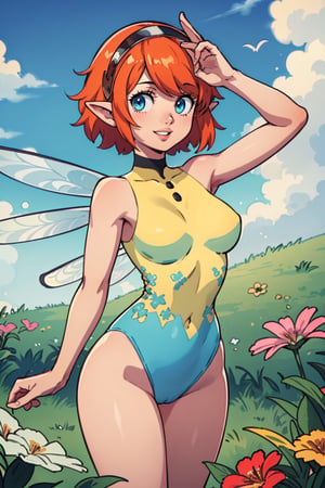 masterpiece, cowboy shot, 1girl, looking at viewer, smile, parted lips, arm up, gallicamr, short hair, hairband, pointy ears, fairy wings, fairy, leotard, grass, flowers, cloud