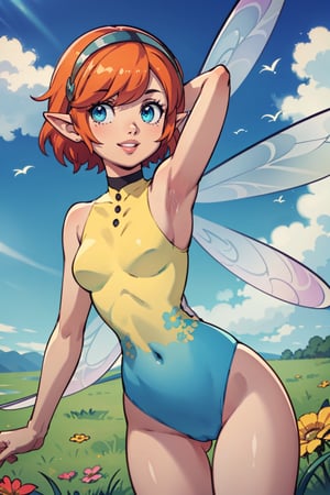 masterpiece, cowboy shot, 1girl, looking at viewer, smile, parted lips, arm up, gallicamr, short hair, hairband, pointy ears, fairy wings, fairy, leotard, grass, flowers, cloud