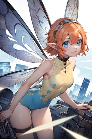 masterpiece, 1girl, looking at viewer, smile, gallicamr, short hair, hairband, pointy ears, fairy wings, fairy, leotard, flying, futuristic city, steampunk