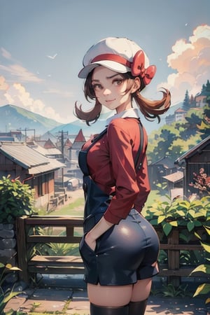 Extremely Realistic, high_res,

smile,   mature_woman, 27 years old, stern expression, frustrated, disappointed, flirty pose, sexy, looking at viewer, scenic view, REALISTIC, Masterpiece, high_res, best quality, 

 ly01, overalls, white thighhighs, red bow, red shirt, white headwear, hat bow, eyelashes,

farm land, ass
