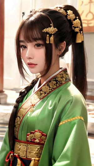 Real, masterpiece, highest quality, original photo, 1 girl, solo, ponytail, 46-point side bangs, brown hair, detailed face, charming face, wearing ancient Chinese emperor's imperial robe costume.