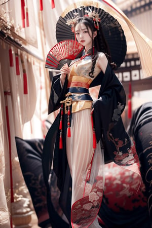 The background is an ancient Chinese dancer, 1 girl, a beautiful Korean girl, holding a gorgeous fan, with a beautiful hairpin, very long hair, past the waist (curly hair, dark hair), sleeveless cloth (lace transparent ), cloak, skirt,
Best quality, realistic, ultra-detailed, fine, high resolution, perfect dynamic composition, sharp focus,