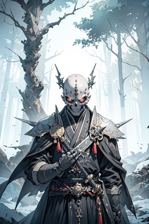 A male skeleton, wearing a luxurious emperor's outfit. Bald hairstyle, red eyes, a ice forest sword of magic, in the background.
.
 Best quality rendering, serious face expression.
Dark night,cinematic lighting,dark art ,Fog