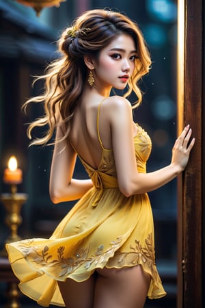 20 years old girl,{{best quality}}, {{masterpiece}}, {{ultra-detailed}}, {illustration}, {detailed light}, {an extremely delicate and beautiful}, messy floating hair, yellow dress,attrative butt, standing sexy pose and looking at the viewer,  feminine , depth of field,acmm ss outfit,Myanmar.view from behind, perfect buttock.half body.,perfect,3D MODEL,Side view,more detail XL,Apoloniasxmasbox