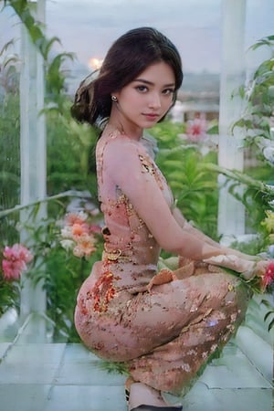 20 years old girl,{{best quality}}, {{masterpiece}}, {{ultra-detailed}}, {illustration}, {detailed light}, {an extremely delicate and beautiful}, messy floating hair, pink dress, standing and looking at the viewer,  feminine , depth of field,acmm ss outfit,Myanmar.view from side, perfect buttock.full body.,perfect,masterpiece,Myanmar,milf,Mai Davika Hoorne