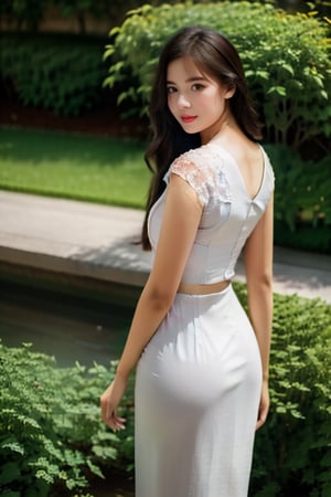 20 years old cute girl.cute eyes.long hair black.8k HD detail.in the flowers garden.4×ultra sharp.HDR.myanmar dresses.viewed from back.curvy.ass.slim.