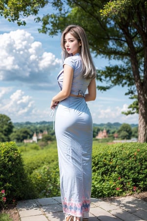 1girl, long hair, White hair, day, blue Sky, clouds,acmm ss outfit,Myanmar,viewed_from_behind,full_body,standing,big_boobies,garden