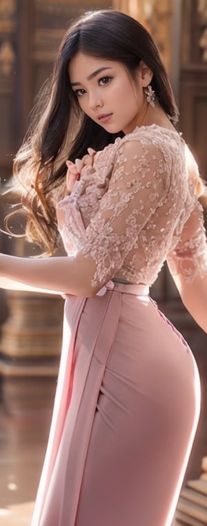 20 years old girl,{{best quality}}, {{masterpiece}}, {{ultra-detailed}}, {illustration}, {detailed light}, {an extremely delicate and beautiful}, messy floating hair, pink dress, standing and looking at the viewer,  feminine , depth of field,acmm ss outfit,Myanmar.view from side, perfect buttock.full body.,perfect,masterpiece,Myanmar,milf,Epic Poses,1 girl,standing_up,sexy pose, 