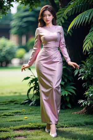 20 years old girl,{{best quality}}, {{masterpiece}}, {{ultra-detailed}}, {illustration}, {detailed light}, {an extremely delicate and beautiful}, messy floating hair, pink dress, standing and looking at the viewer,  feminine , depth of field,acmm ss outfit,Myanmar.view from behind, perfect buttock.full body.,perfect,masterpiece,Mecha body,milf