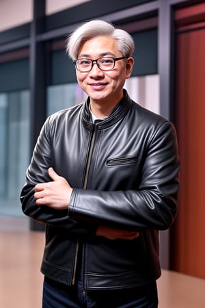 nvidia, smiling, standing, middle-aged,Eyes are sharp,Thick chin, Asian male focal point, notoginseng white hair, unkempt hairstyle, black-Half-rimmed glasses(Half-rim frames), Strong build,wearing aBlack leather jacket, nvidia, founder Huang Renxun (Zhan-Heng "Jensen" Huang)