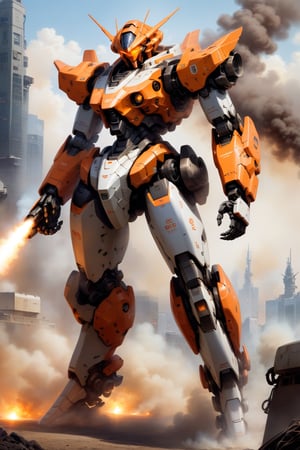 solo, orange eyes, no humans, glowing, robot, mecha, glowing eyes, smoke, science fiction,PD-802,mecha