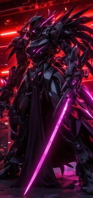 big black mecha, one hand sword, purple glowing highlights, unique thankyou design, standing in red black room