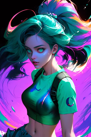 samdoesarts style award-winning half body portrait of a beautiful woman in a croptop and cargo pants, with an ombre navy blue teal hairdo in motion, hair flying, and paint splashes and splatters. This captivating digital artpiece showcases the vaporwave aesthetic with outrun influences, creating a shaded flat illustration that is both trending on ArtStation and highly detailed. The fine detail and intricate shading bring this beautiful figure to life, making it a true masterpiece in the world of digital art.