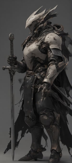 mechanical knight with a sword, unique armor design with black and white colour 