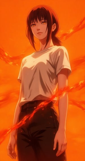 Create an anime-style image of Makima, a woman with sharp yet calm facial features, standing confidently. She is dressed in casual wear—a simple white T-shirt and black pants, giving her a relaxed look. Her hair is styled in a loose and natural way. The background is a vibrant orange, providing a bold contrast to her calm demeanor. Surrounding her are faint red glowing waves, gently swirling around her, adding an air of subtle mystery and power. The image should have good detailing, with smooth shading and sharp outlines typical of anime art