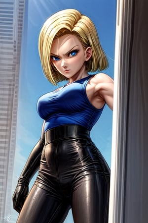 Capture the essence of Android 18, the fierce and independent warrior from the beloved anime series. Show her standing tall, exuding confidence and strength, with her signature blue eyes gleaming with determination. Surround her with an aura of technological prowess, hinting at her cybernetic enhancements, while also conveying her human side with a subtle touch of warmth and emotion. Let her dynamic presence leap off the canvas, embodying the perfect balance of power and grace that defines this iconic character