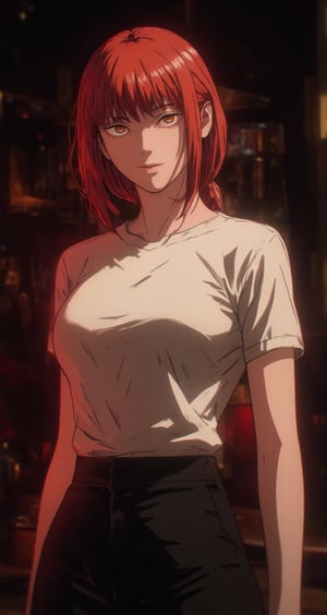 Create an anime-style image of Makima, a woman with sharp yet calm facial features,red hair, standing confidently. She is dressed in casual wear—a simple white T-shirt and black pants, giving her a relaxed look. Her hair is styled in a loose and natural way. The background is a vibrant black, providing a bold contrast to her calm demeanor. Surrounding her are faint red glowing waves, gently swirling around her, adding an air of subtle mystery and power. The image should have good detailing, with smooth shading and sharp outlines typical of anime art