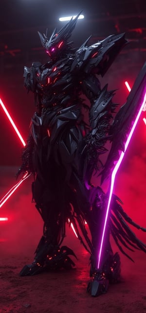 big black mecha, one hand sword, purple glowing highlights, unique thankyou design, standing in red black room