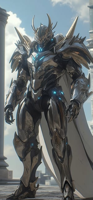 An ultra-detailed, imposing armored warrior in a majestic, futuristic design. The warrior is clad in intricate metallic armor with glowing blue accents and sharp, angular edges. The armor is decorated with ornate patterns, spikes on the shoulders, and large, powerful gauntlets. A glowing emblem on the chest radiates energy, and the armor has a reflective metallic finish with subtle blue highlights. The background is a cloudy, ethereal sky, with pillars or structures that emphasize a divine, otherworldly setting. Lighting captures the reflective metal surfaces, giving a sense of grandeur and strength