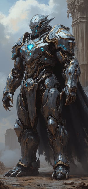 An ultra-detailed, imposing armored warrior in a majestic, futuristic design. The warrior is clad in intricate metallic armor with glowing blue accents and sharp, angular edges. The armor is decorated with ornate patterns, spikes on the shoulders, and large, powerful gauntlets. A glowing emblem on the chest radiates energy, and the armor has a reflective metallic finish with subtle blue highlights. The background is a cloudy, ethereal sky, with pillars or structures that emphasize a divine, otherworldly setting. Lighting captures the reflective metal surfaces, giving a sense of grandeur and strength