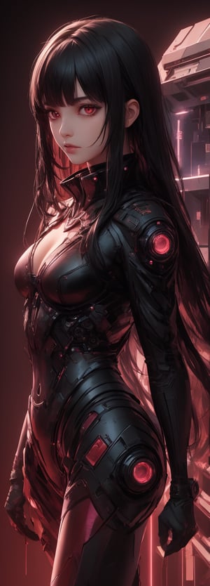 1girl, solo, long hair, looking left, bangs, simple background, black hair, red eyes, upper body, blunt bangs, red background, science fiction, high collar, cyberpunk, full-body