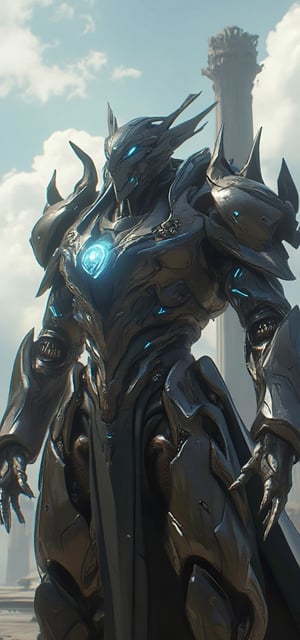 An ultra-detailed, imposing armored warrior in a majestic, futuristic design. The warrior is clad in intricate metallic armor with glowing blue accents and sharp, angular edges. The armor is decorated with ornate patterns, spikes on the shoulders, and large, powerful gauntlets. A glowing emblem on the chest radiates energy, and the armor has a reflective metallic finish with subtle blue highlights. The background is a cloudy, ethereal sky, with pillars or structures that emphasize a divine, otherworldly setting. Lighting captures the reflective metal surfaces, giving a sense of grandeur and strength