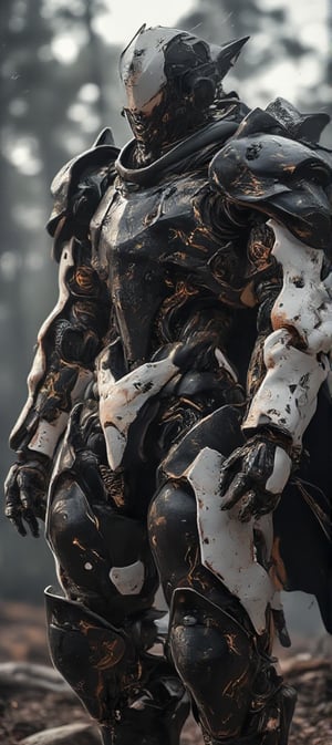 mechanical knight with a sword, unique armor design with black and white colour 