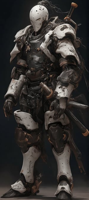 mechanical knight with a sword, unique armor design with black and white colour 