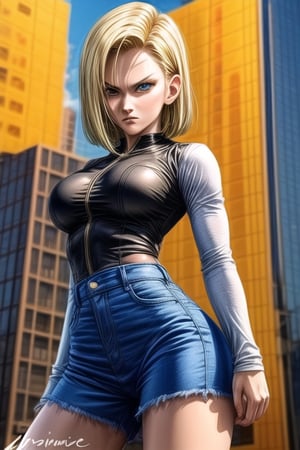 Capture the essence of Android 18, the fierce and independent warrior from the beloved anime series. Show her standing tall, exuding confidence and strength, with her signature blue eyes gleaming with determination. Surround her with an aura of technological prowess, hinting at her cybernetic enhancements, while also conveying her human side with a subtle touch of warmth and emotion. Let her dynamic presence leap off the canvas, embodying the perfect balance of power and grace that defines this iconic character