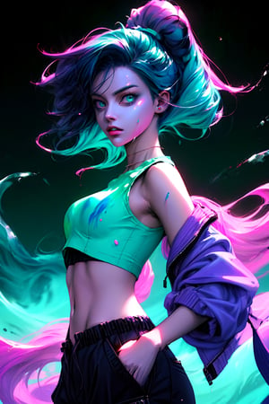 samdoesarts style award-winning half body portrait of a beautiful woman in a croptop and cargo pants, with an ombre navy blue teal hairdo in motion, hair flying, and paint splashes and splatters. This captivating digital artpiece showcases the vaporwave aesthetic with outrun influences, creating a shaded flat illustration that is both trending on ArtStation and highly detailed. The fine detail and intricate shading bring this beautiful figure to life, making it a true masterpiece in the world of digital art.