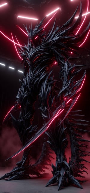 big black mecha, one hand sword, purple glowing highlights, unique thankyou design, standing in red black room