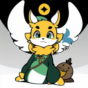 1solo big yellow chicken with big eyes, looking directly at the viewer, using a priest's attire in green with a cross symbol, chicken wings arms. Above its head, a golden halo, radiating with a gentle celestial light. masterpiece, best quality, studio lighting, highlighting, white background.,isabelle \(animal crossing\),furry,ankha,小奇uwu style, disney cartoon