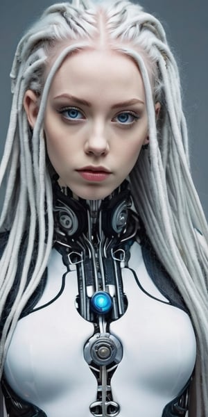 beautiful tattoo girl, cybernetic implants, woman dreads, long hair,cybersuit cute face, small lips, long white hair, Masterpiece, best quality, highres, a picture of Beautiful female's breast, 28 years old, detailed skin, pale skin, long hairl, bleu eyes,sensual and sensitive, open blouse, downblouse, simple background, nsfw, abstact, black and white,abstact