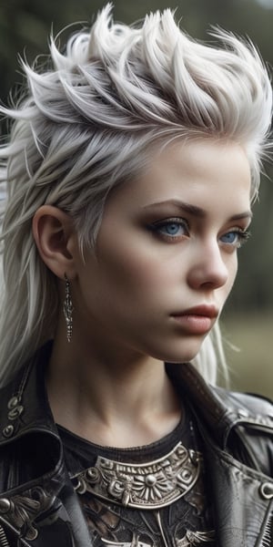  sexy punk woman with white random hair, beautiful face, small lips, detailed hair, Masterpiece, best quality, highres, a picture of Beautiful female's breast, 40 years old, detailed skin, pale skin, long hairl, bleu eyes,sensual and sensitive,  nsfw, abstact, black and white,  nature , outdoors dancingg, c cup breast