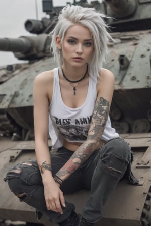 A punk girl is among the few survivors of a dystopian Earth. Riding a war tank, she fights against the tyranny of a mega-corporation , wearing white torn and dirty tanktop with loose fit and tattoos on her body, white hair with thin dreads, crazy attitude, cute pose