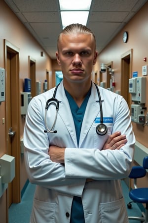 Dr. Erling Halland stands confidently in a dimly lit hospital corridor, his white lab coat and stethoscope a symbol of authority. His piercing gaze is directed down the hallway, as if assessing the situation at hand. Soft overhead lighting casts a warm glow on his features, accentuating the defined lines of his face. In the background, rows of medical equipment and hospital rooms blend together in a subtle gradient of beige and white. Erling's realistic cosplay as a doctor exudes professionalism, with every detail from his worn scrubs to his genuine expression of concern.