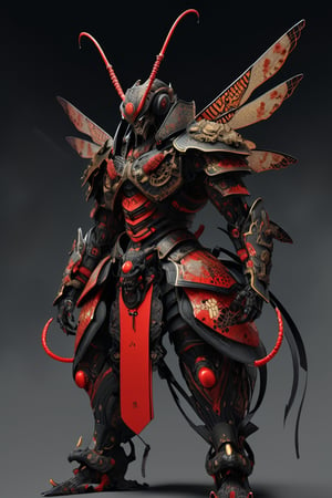 A samurai armored in a suit reminiscent of a giant hornet, with sleek, angular plates crafted to resemble the insect's exoskeleton. The helmet features menacing hornet-like antennae, and the mask is adorned with intricate designs resembling the insect's eyes,warrior
