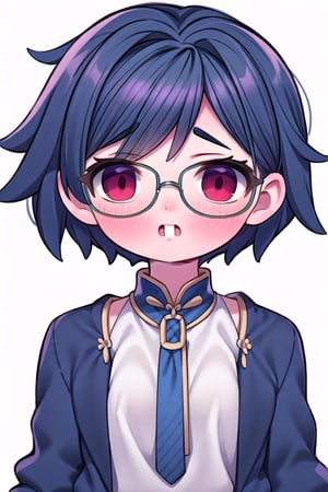 glasses,girl, short hair, dark blue hair, red eyes, innocent,(best quality